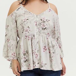 IVORY FLORAL TEXTURED RAYON COLD SHOULDER BABYDOLL